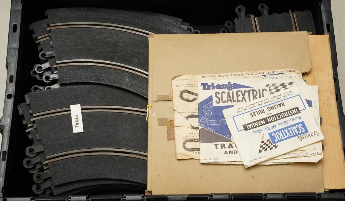 Two Boxes of vintage Scalextric to include stands, controllers, cars ...