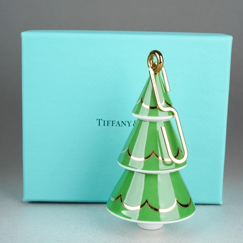 54 - A boxed Tiffany & Co Japanese porcelain Christmas Tree bauble, height 9.5cm approx, comes with Tiffa... 