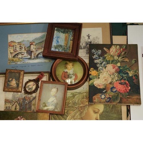 224 - Collection of artwork to include miniatures, etchings, and prints. ( 1 box and a large ar folder)
