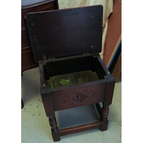 225 - A reproduction oak stool seat, boxed seat, hinged top, carved detail to front, turned legs and plain... 