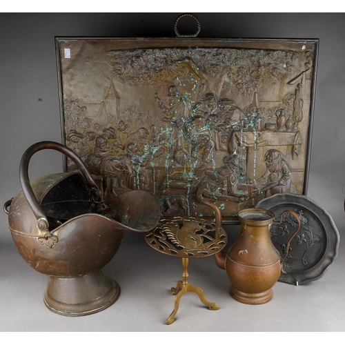 226 - Collection of metalwear to include a large brass embossed fire screen, copper coal scuttle, trivet w... 