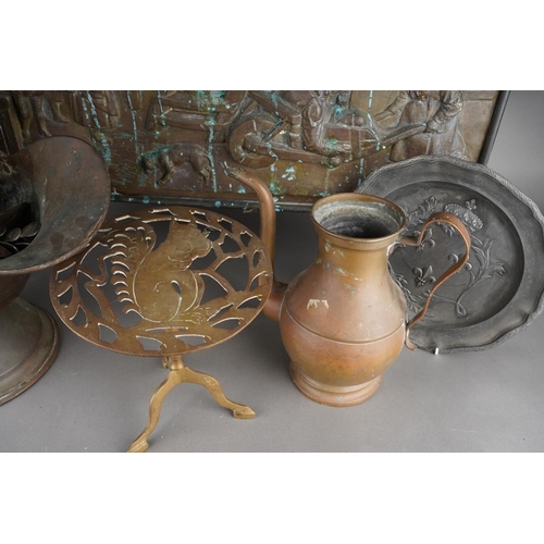 226 - Collection of metalwear to include a large brass embossed fire screen, copper coal scuttle, trivet w... 