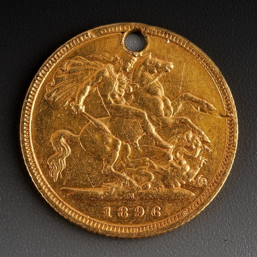 470 - A half sovereign, dated 1896. The coin is drilled, approx diameter 19.34mm, approx gross weight 3.9 ... 