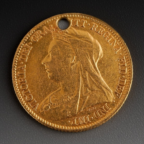 470 - A half sovereign, dated 1896. The coin is drilled, approx diameter 19.34mm, approx gross weight 3.9 ... 