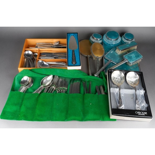 494 - A modern Viners Gerald Benney part canteen of stainless steel cutlery, boxed silver plated serving s... 