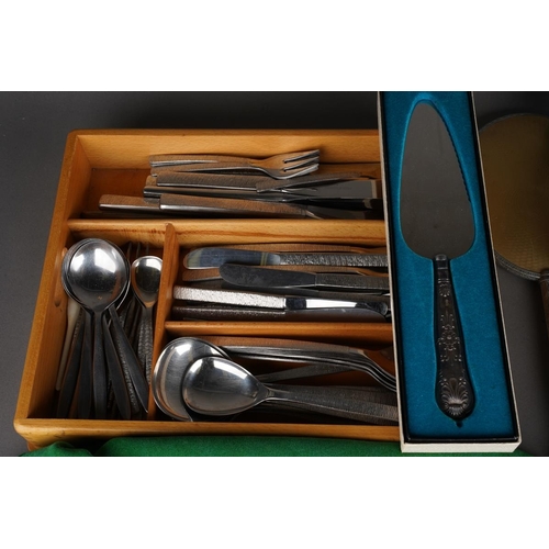 494 - A modern Viners Gerald Benney part canteen of stainless steel cutlery, boxed silver plated serving s... 