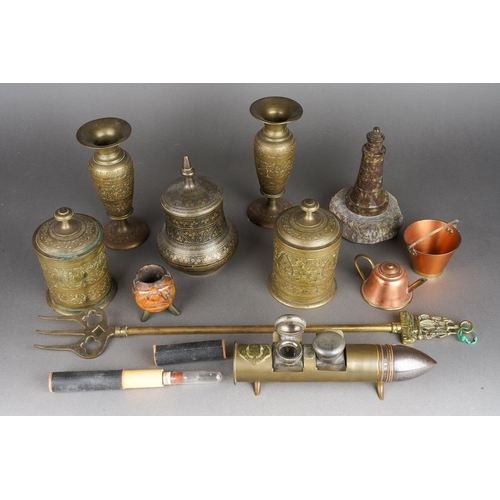 506 - A box of trench art and metalware, etc,  including a bullet desk stand fitted with two inkwells, ass... 
