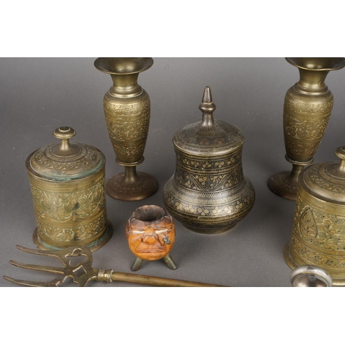 506 - A box of trench art and metalware, etc,  including a bullet desk stand fitted with two inkwells, ass... 