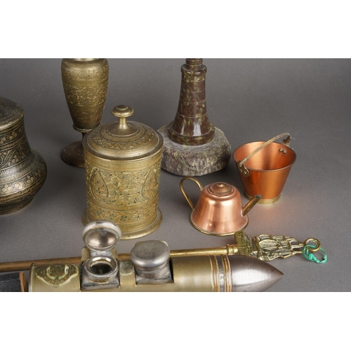 506 - A box of trench art and metalware, etc,  including a bullet desk stand fitted with two inkwells, ass... 