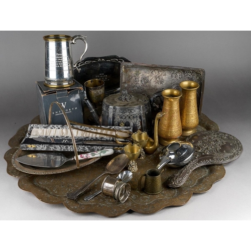 700 - A collection of metalware to include a large indian brass table top tray, indian brass vases, silver... 