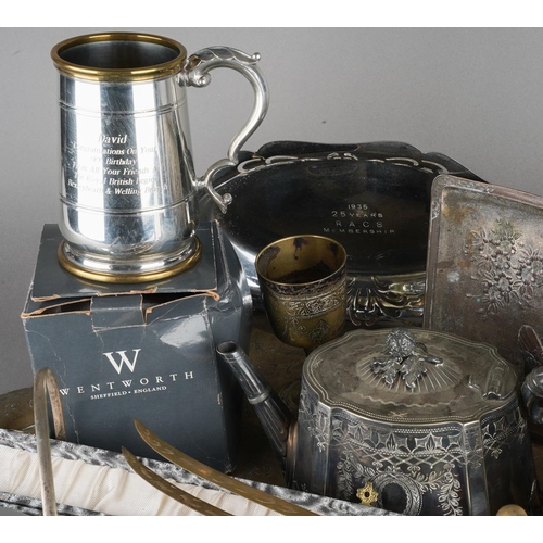 700 - A collection of metalware to include a large indian brass table top tray, indian brass vases, silver... 
