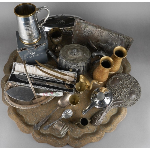 700 - A collection of metalware to include a large indian brass table top tray, indian brass vases, silver... 