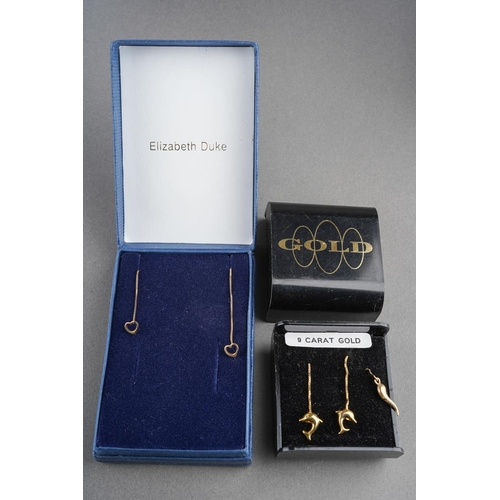 732 - A selection of yellow metal earrings. To include two pair of earrings and one odd earring. Approx le... 