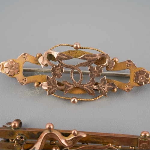 734 - A collection of three 9ct gold antique brooches. Each brooch with marks indicating 9ct gold, some br... 