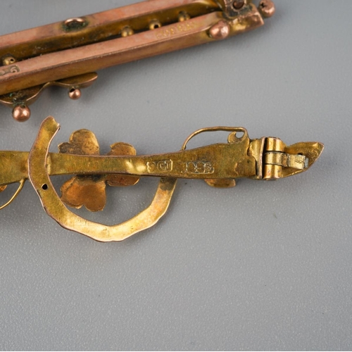 734 - A collection of three 9ct gold antique brooches. Each brooch with marks indicating 9ct gold, some br... 