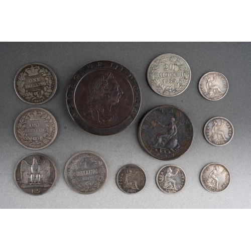 1043 - 1797 2 penny cartwheel to include 1799 half penny & small collection of British & foreign silver coi... 