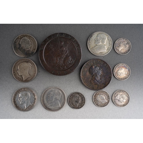 1043 - 1797 2 penny cartwheel to include 1799 half penny & small collection of British & foreign silver coi... 