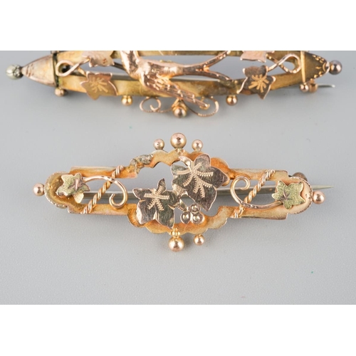 1057 - Two early 20th century 9ct gold brooches. Each brooch hallmarked 9ct gold, approx length 50mm and 40... 