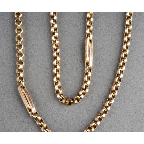 1062 - An antique long guard chain. The plain polished chain with trombone link spacers, to the lobster cla... 