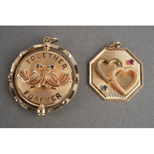 1068 - Two American Dankner charms. To include a swivel 'Together Forever' charm (stamped Co 14k), together... 