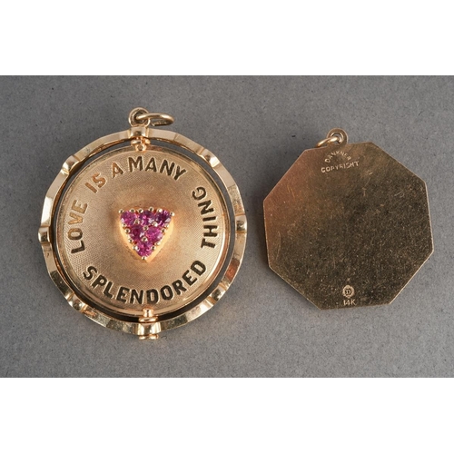1068 - Two American Dankner charms. To include a swivel 'Together Forever' charm (stamped Co 14k), together... 