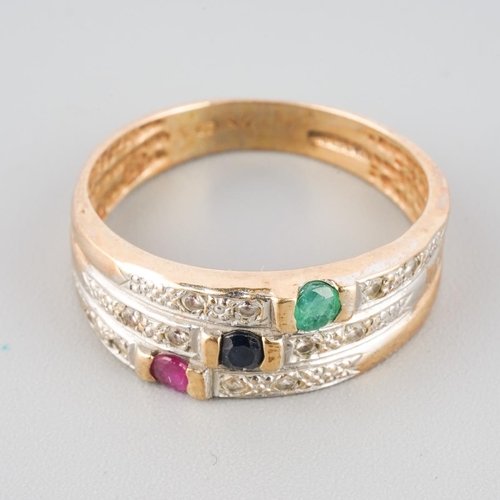 1076 - A 9ct gold ruby, sapphire and emerald diamond ring. Approx ring size P, hallmarked 9ct gold, approx ... 