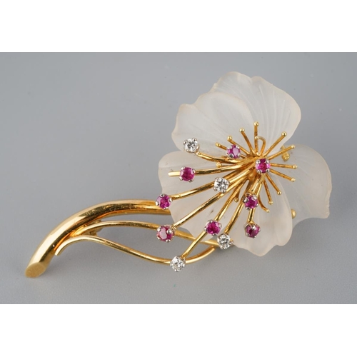1083 - An 1970s 18ct gold carved rock crystal, diamond and ruby spray brooch. Designed as a series of carve... 