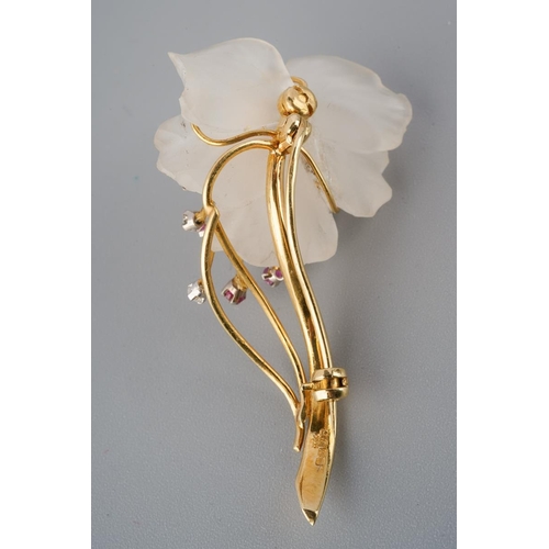 1083 - An 1970s 18ct gold carved rock crystal, diamond and ruby spray brooch. Designed as a series of carve... 