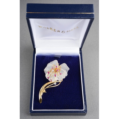 1083 - An 1970s 18ct gold carved rock crystal, diamond and ruby spray brooch. Designed as a series of carve... 