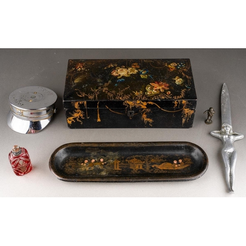 115 - A group of collectables, comprising a Victorian papier mache box with hinged lid, width 23.8cm appro... 