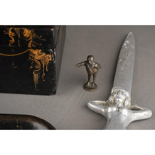 115 - A group of collectables, comprising a Victorian papier mache box with hinged lid, width 23.8cm appro... 