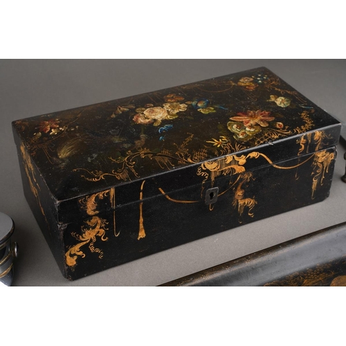 115 - A group of collectables, comprising a Victorian papier mache box with hinged lid, width 23.8cm appro... 