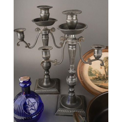 199 - A pair of 18th Century style possibly French pewter candlesticks, urn shaped sconces with scroll bra... 