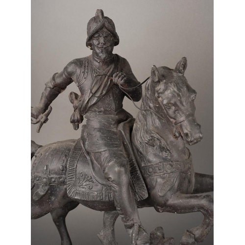 204 - A spelter figure of Edward III on horseback, on wooden plinth together with spelter figure of mounte... 