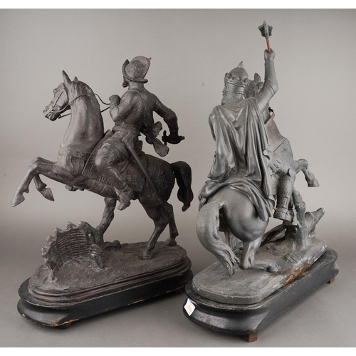 204 - A spelter figure of Edward III on horseback, on wooden plinth together with spelter figure of mounte... 