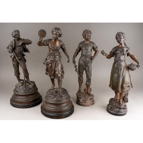 205 - After Rancoulet, a pair of spelter figures, a Lady holds a tamborine, the Man a bird [af] both on so... 