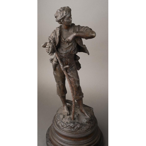 205 - After Rancoulet, a pair of spelter figures, a Lady holds a tamborine, the Man a bird [af] both on so... 