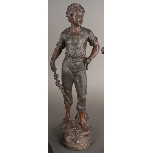 205 - After Rancoulet, a pair of spelter figures, a Lady holds a tamborine, the Man a bird [af] both on so... 
