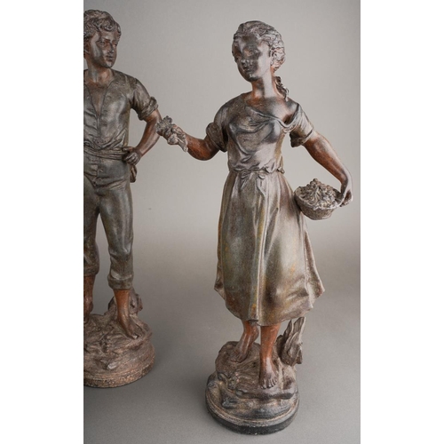 205 - After Rancoulet, a pair of spelter figures, a Lady holds a tamborine, the Man a bird [af] both on so... 
