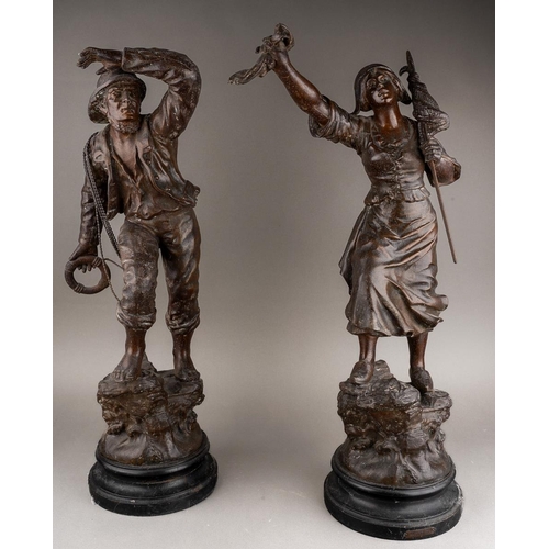 208 - After Mestais, a pair of French Spelter figures of a Fisherman and Wife titled  