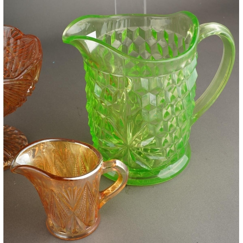 220 - Box of coloured glass inc. Uranium Jug, Carnival glass bowl , multi section tray etc.