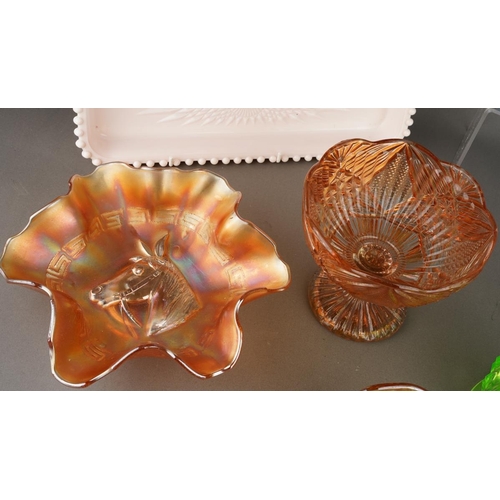 220 - Box of coloured glass inc. Uranium Jug, Carnival glass bowl , multi section tray etc.