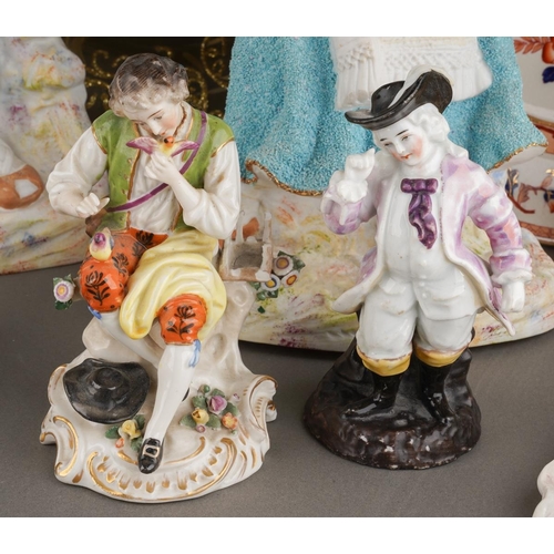 327 - A box of figural ceramics and other ceramics and glassware, including a pair of Heubach bisque figur... 