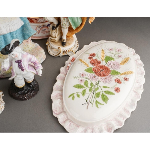 327 - A box of figural ceramics and other ceramics and glassware, including a pair of Heubach bisque figur... 