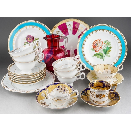 328 - A box of assorted 19th century ceramics, including  a pair of Minton botanical cabinet plates, a par... 