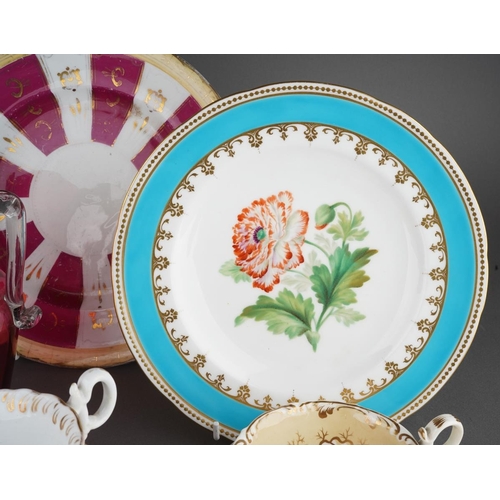328 - A box of assorted 19th century ceramics, including  a pair of Minton botanical cabinet plates, a par... 