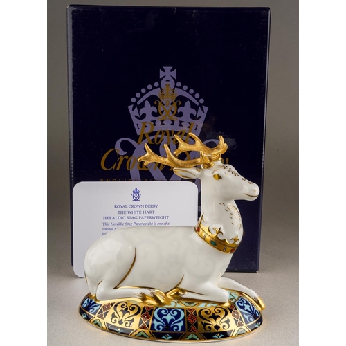 335 - A Royal Crown Derby White Hart Heraldic Stag paperweight, a third in the series inspired by Heraldic... 