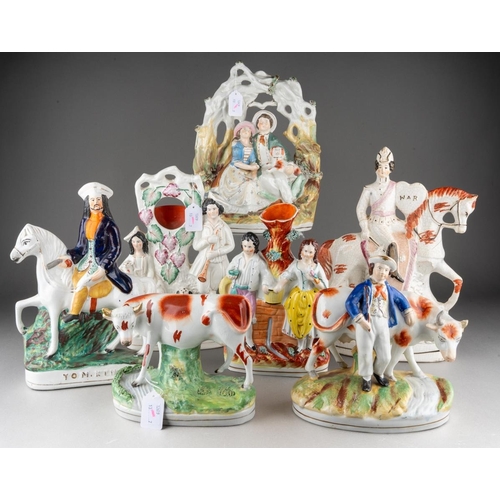 358 - A collection of seven Victorian Staffordshire pottery figures, comprising a cow by a stream (restore... 