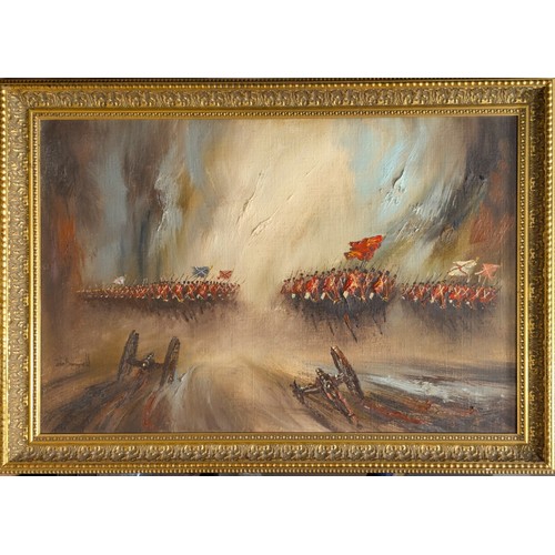 543 - John Bampfield (British 1947-) Red coat charging cavalry scene, oil on canvas, signed lower left, ap... 