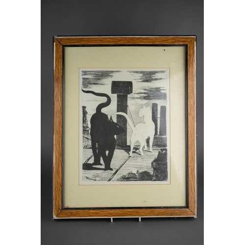 547 - Watercolour of Breedon Hill and three prints including two Lawry ones and aMonet print of cats (4)